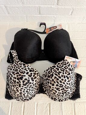 JOYSPUN Women’s Black Lace Bra and Leopard Print Molded T-Shirt Bra - 2-Pack